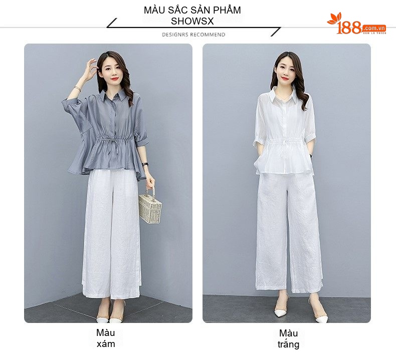 Bộ Quần Áo Nữ Thiên Sứ Quần Ống Rộng Cotton Lanh Phong Cách Thời Trang Màu Xám, Xanh Lá, Nâu, Trắng chi tiết 9