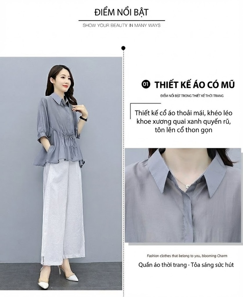 Bộ Quần Áo Nữ Thiên Sứ Quần Ống Rộng Cotton Lanh Phong Cách Thời Trang Màu Xám, Xanh Lá, Nâu, Trắng chi tiết 11