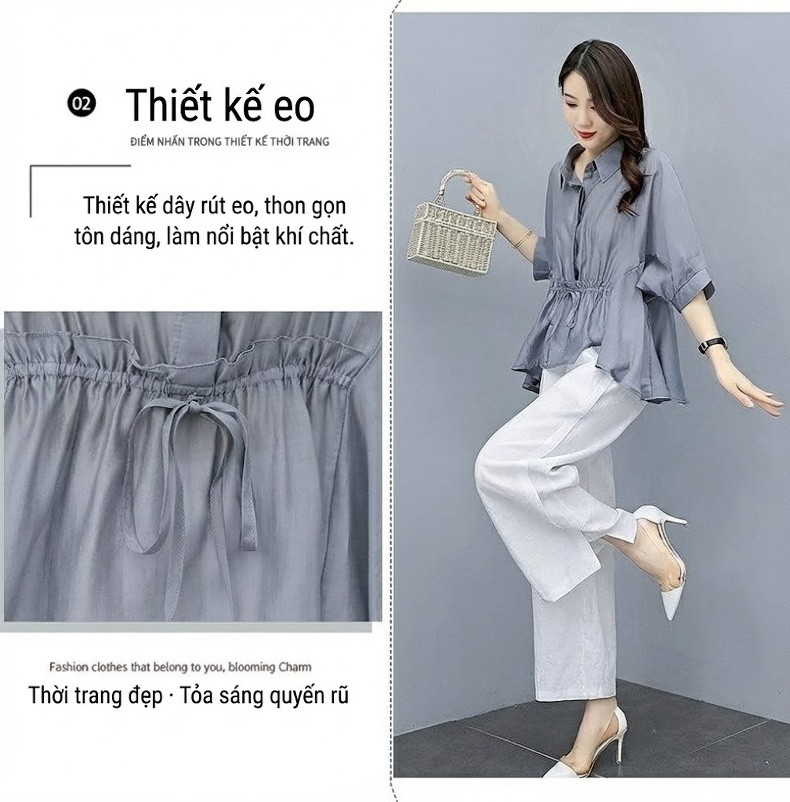 Bộ Quần Áo Nữ Thiên Sứ Quần Ống Rộng Cotton Lanh Phong Cách Thời Trang Màu Xám, Xanh Lá, Nâu, Trắng chi tiết 12