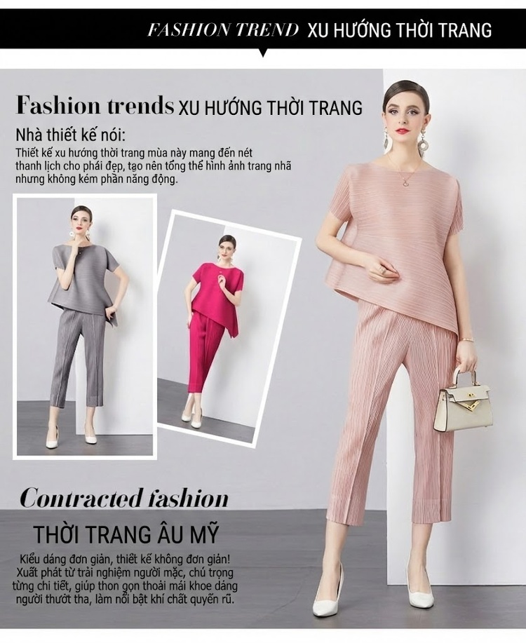 Bộ Quần Áo Nữ Thiết Kế Xếp Ly Phong Cách Tối Giản Màu Hồng, Đỏ, Đen, Xám... chi tiết 3