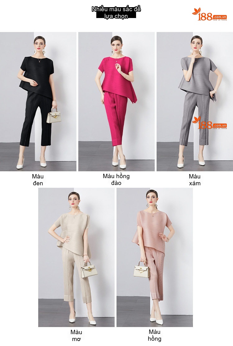 Bộ Quần Áo Nữ Thiết Kế Xếp Ly Phong Cách Tối Giản Màu Hồng, Đỏ, Đen, Xám... chi tiết 1