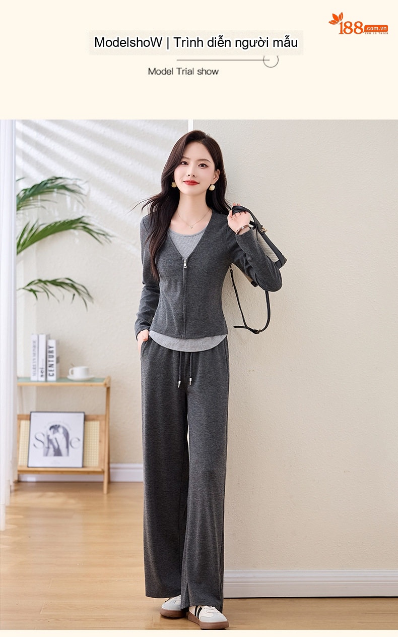 Bộ Quần Áo Nữ Thu Đông Dáng Rộng Tay Dài Thiết Kế Giả Hai Lớp Màu Xám chi tiết 9