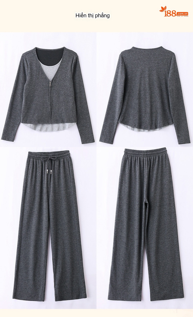 Bộ Quần Áo Nữ Thu Đông Dáng Rộng Tay Dài Thiết Kế Giả Hai Lớp Màu Xám chi tiết 20