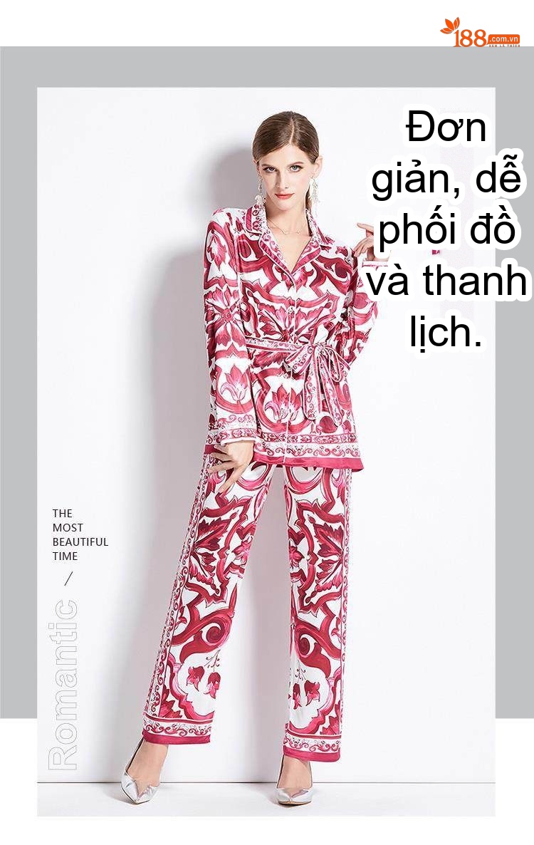Bộ Quần Áo Nữ Thu Đông Họa Tiết In Hoa Tay Dài Dáng Rộng Quần Dài Lưng Cao Màu Trắng, Đỏ, Xanh chi tiết 6