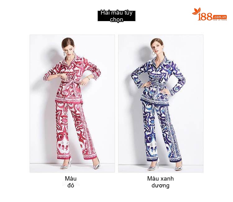 Bộ Quần Áo Nữ Thu Đông Họa Tiết In Hoa Tay Dài Dáng Rộng Quần Dài Lưng Cao Màu Trắng, Đỏ, Xanh chi tiết 12