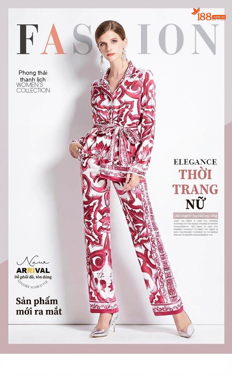 Bộ Quần Áo Nữ Thu Đông Họa Tiết In Hoa Tay Dài Dáng Rộng Quần Dài Lưng Cao Màu Trắng, Đỏ, Xanh chi tiết 1