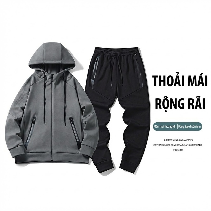 Bộ Quần Áo Thể Thao Nam Mùa Thu Đông Áo Khoác Hoodie Quần Dài Phong Cách Thể Thao Màu Nâu, Đen, Xám
