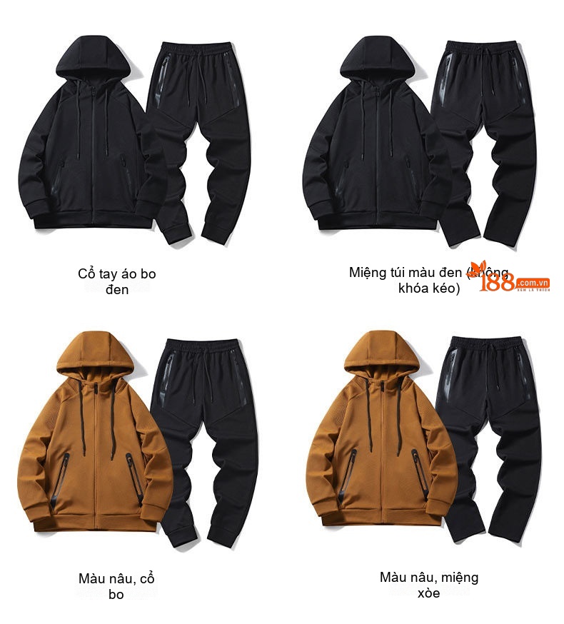 Bộ Quần Áo Thể Thao Nam Mùa Thu Đông Áo Khoác Hoodie Quần Dài Phong Cách Thể Thao Màu Nâu, Đen, Xám chi tiết 7