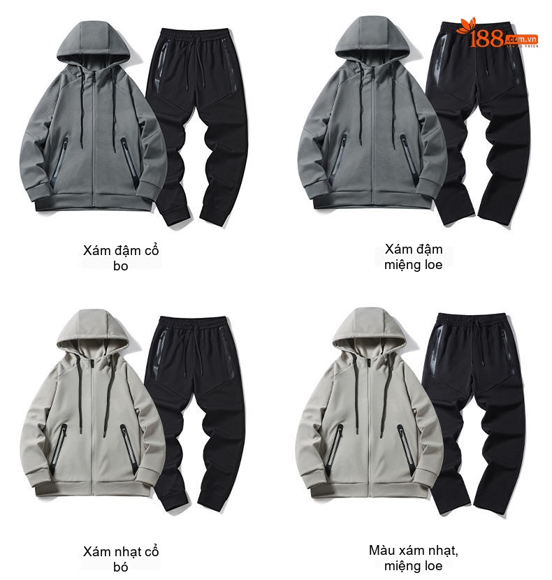 Bộ Quần Áo Thể Thao Nam Mùa Thu Đông Áo Khoác Hoodie Quần Dài Phong Cách Thể Thao Màu Nâu, Đen, Xám chi tiết 8