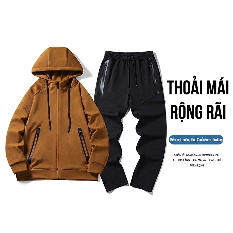 Bộ Quần Áo Thể Thao Nam Mùa Thu Đông Áo Khoác Hoodie Quần Dài Phong Cách Thể Thao Màu Nâu, Đen, Xám