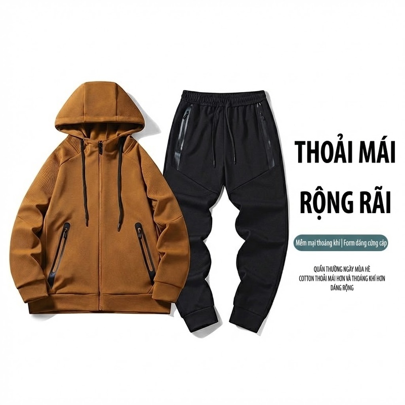 Bộ Quần Áo Thể Thao Nam Mùa Thu Đông Áo Khoác Hoodie Quần Dài Phong Cách Thể Thao Màu Nâu, Đen, Xám