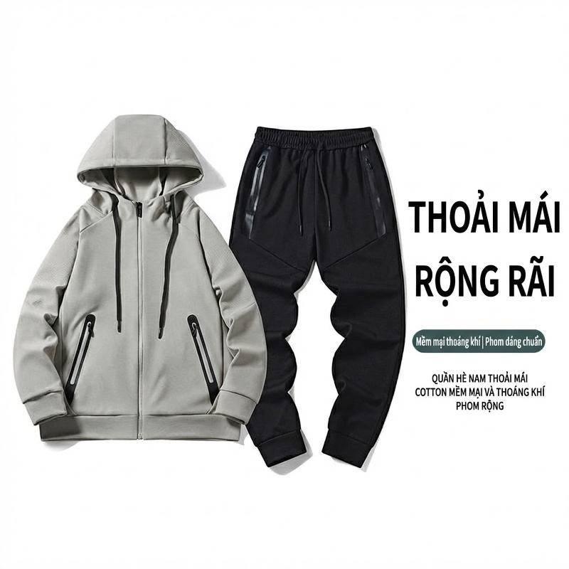 Bộ Quần Áo Thể Thao Nam Mùa Thu Đông Áo Khoác Hoodie Quần Dài Phong Cách Thể Thao Màu Nâu, Đen, Xám