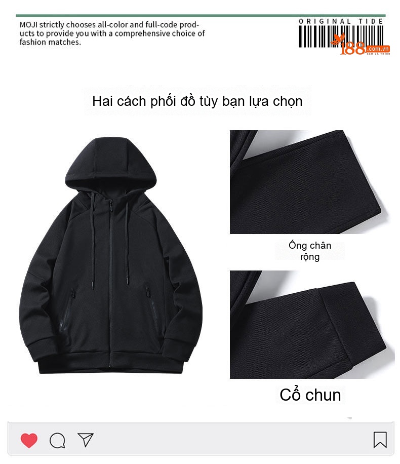Bộ Quần Áo Thể Thao Nam Mùa Thu Đông Áo Khoác Hoodie Quần Dài Phong Cách Thể Thao Màu Nâu, Đen, Xám chi tiết 2