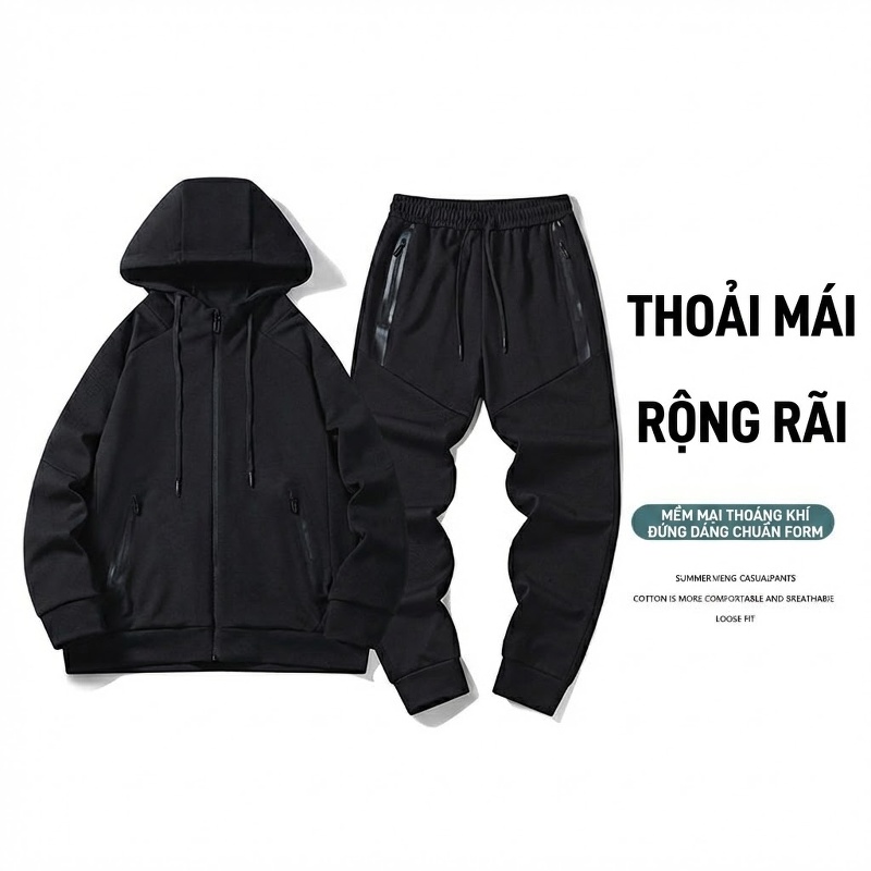 Bộ Quần Áo Thể Thao Nam Mùa Thu Đông Áo Khoác Hoodie Quần Dài Phong Cách Thể Thao Màu Nâu, Đen, Xám