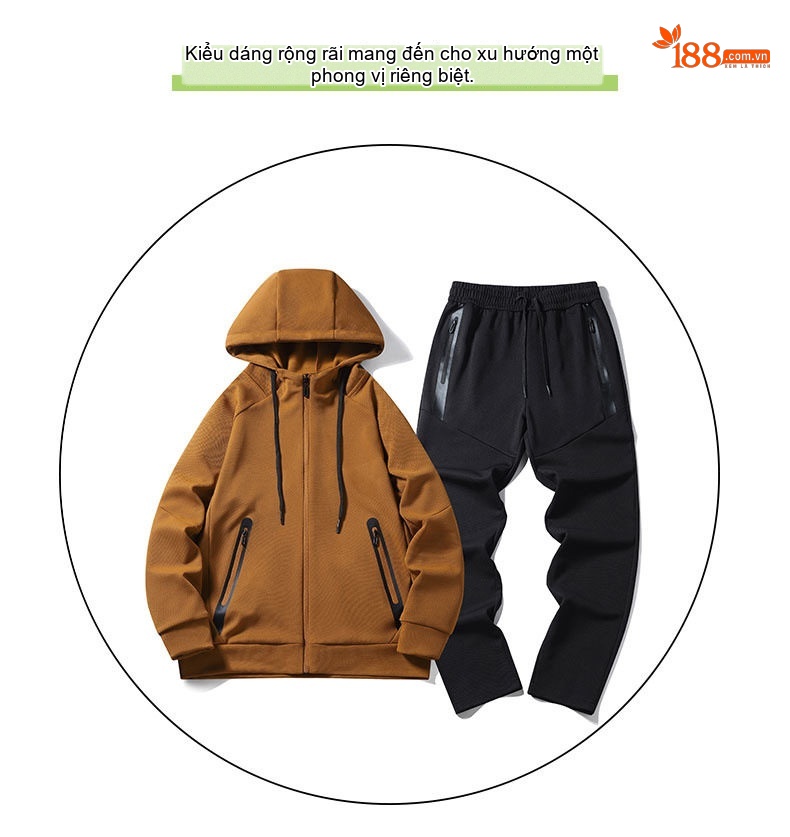 Bộ Quần Áo Thể Thao Nam Mùa Thu Đông Áo Khoác Hoodie Quần Dài Phong Cách Thể Thao Màu Nâu, Đen, Xám chi tiết 5