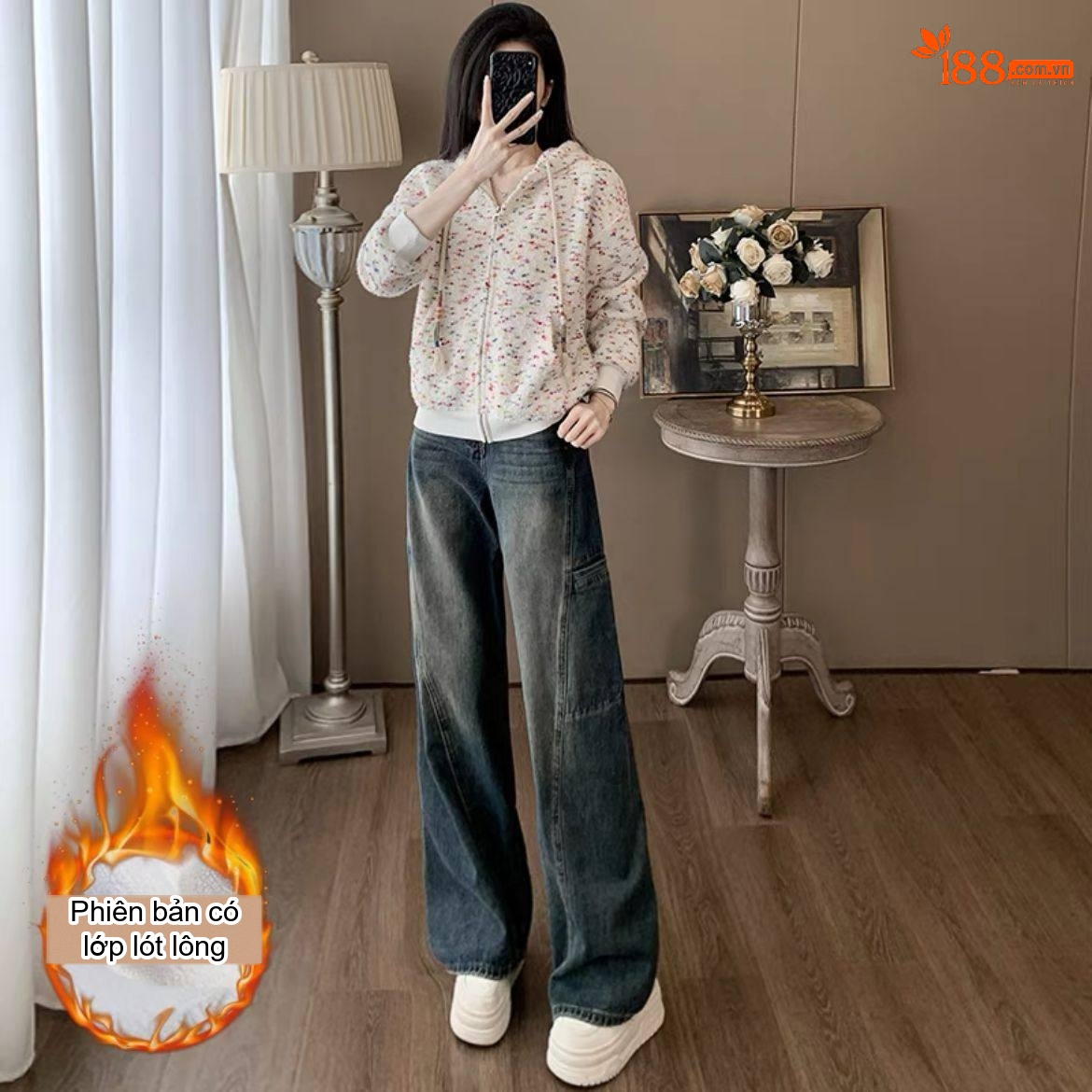 Bộ Quần Áo Thể Thao Nữ Thu Đông Áo Khoác Hoodie Quần Jean Dáng Rộng Màu Trắng Hoa Nhí, Xanh Jean