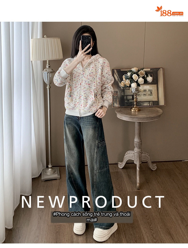 Bộ Quần Áo Thể Thao Nữ Thu Đông Áo Khoác Hoodie Quần Jean Dáng Rộng Màu Trắng Hoa Nhí, Xanh Jean chi tiết 1