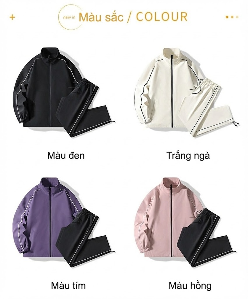 Bộ Quần Áo Thu Đông Nam Nữ Áo Khoác Cổ Trụ Và Quần Dài Màu Hồng, Tím, Đen, Trắng chi tiết 6
