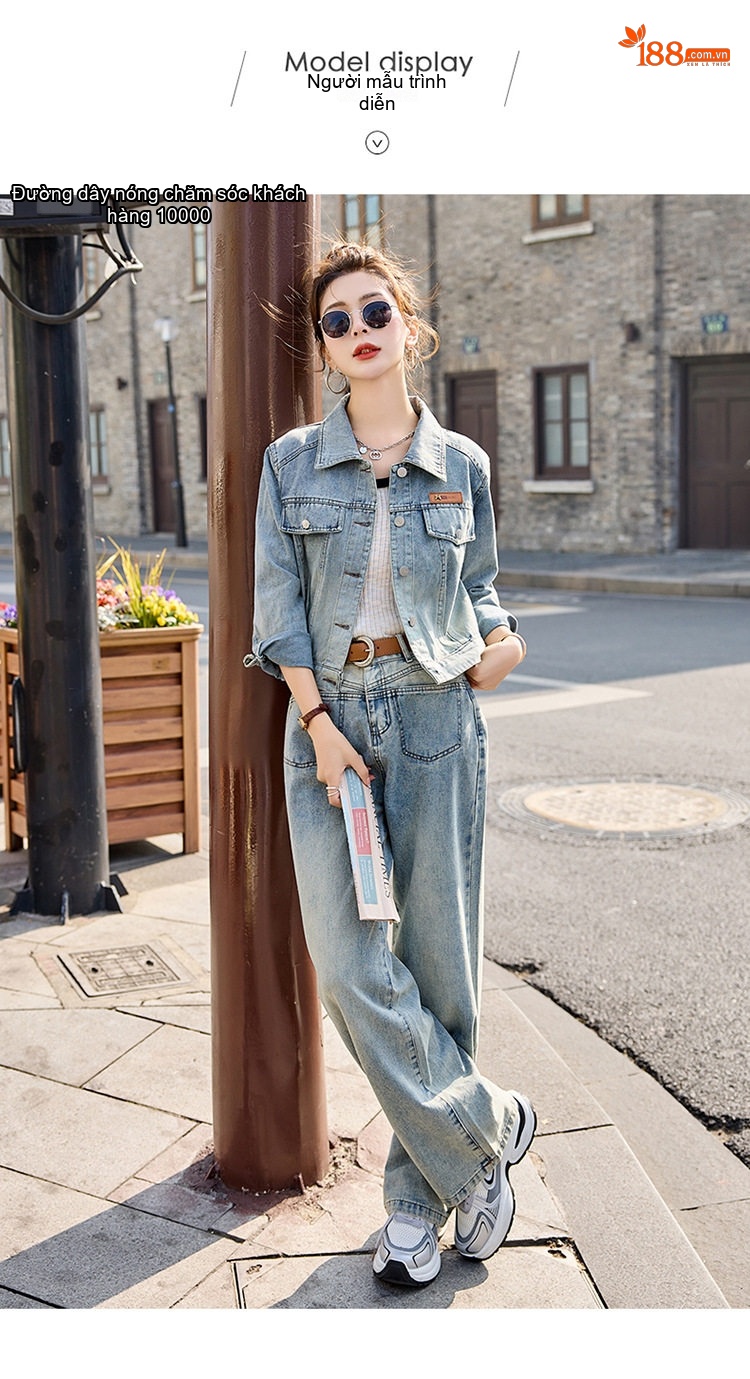 Bộ Set Áo Khoác Jean và Quần Jean Dáng Rộng Phong Cách Tiểu Thư Màu Xanh Jean chi tiết 12
