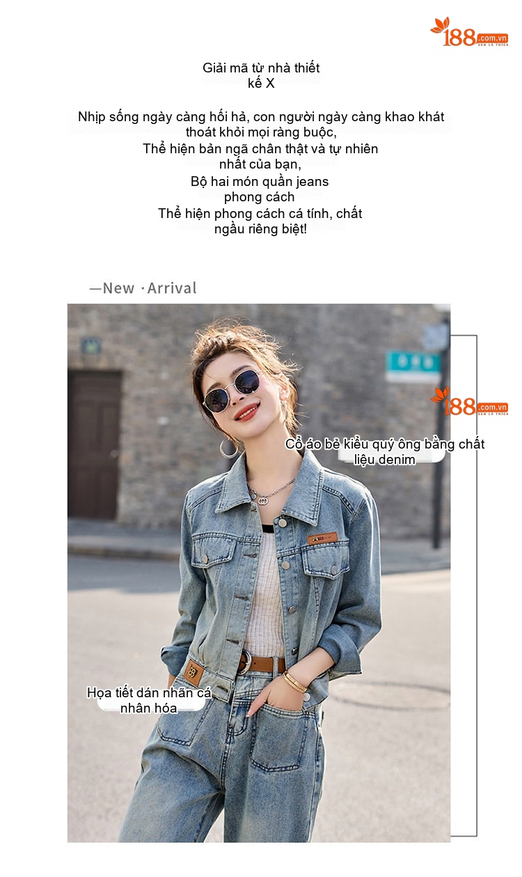 Bộ Set Áo Khoác Jean và Quần Jean Dáng Rộng Phong Cách Tiểu Thư Màu Xanh Jean chi tiết 2