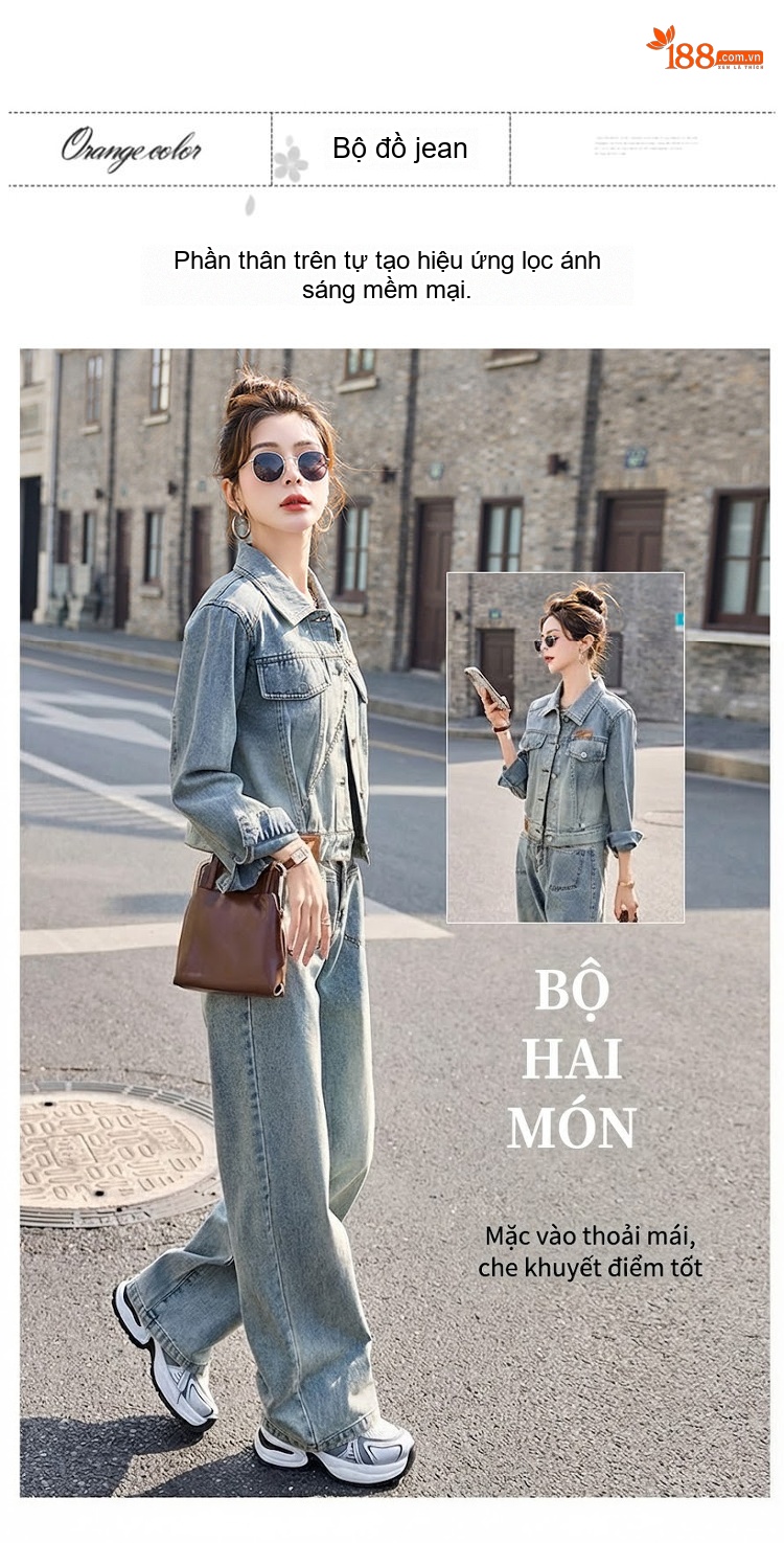 Bộ Set Áo Khoác Jean và Quần Jean Dáng Rộng Phong Cách Tiểu Thư Màu Xanh Jean chi tiết 8