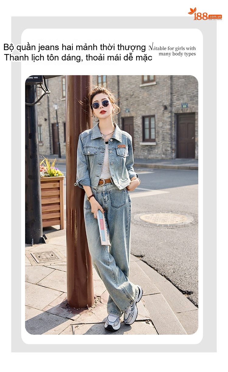 Bộ Set Áo Khoác Jean và Quần Jean Dáng Rộng Phong Cách Tiểu Thư Màu Xanh Jean chi tiết 5