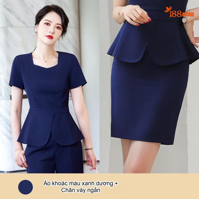 Bộ Set Áo Peplum Quần Ống Rộng Công Sở Thanh Lịch Màu Đen, Xanh Navy
