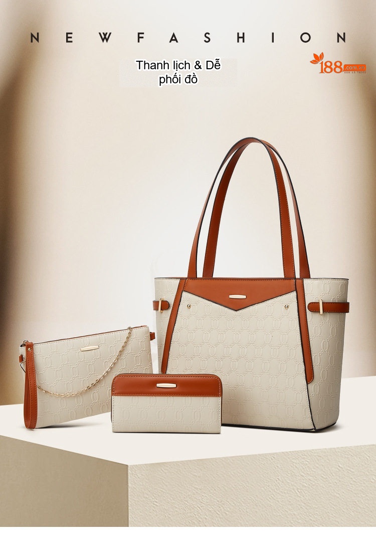 Bộ Túi Tote Nữ Thời Trang Phong Cách Vintage Gồm 3 Món Màu Nâu, Đen, Trắng Kem... chi tiết 1