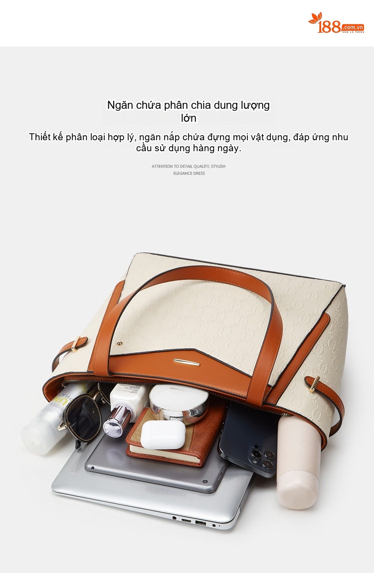 Bộ Túi Tote Nữ Thời Trang Phong Cách Vintage Gồm 3 Món Màu Nâu, Đen, Trắng Kem... chi tiết 3