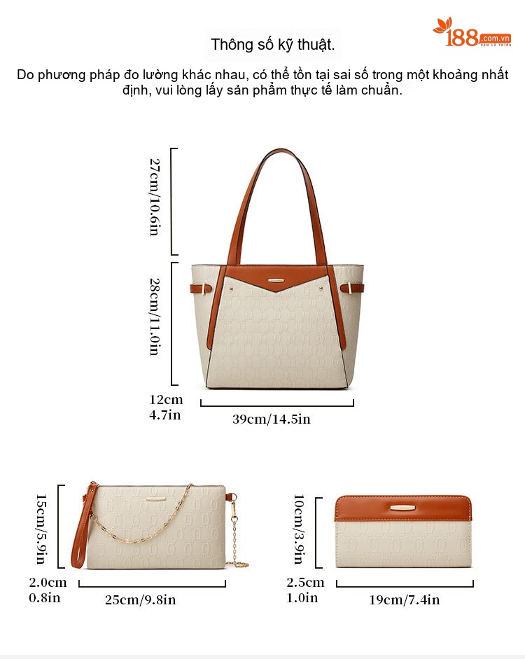 Bộ Túi Tote Nữ Thời Trang Phong Cách Vintage Gồm 3 Món Màu Nâu, Đen, Trắng Kem... chi tiết 5