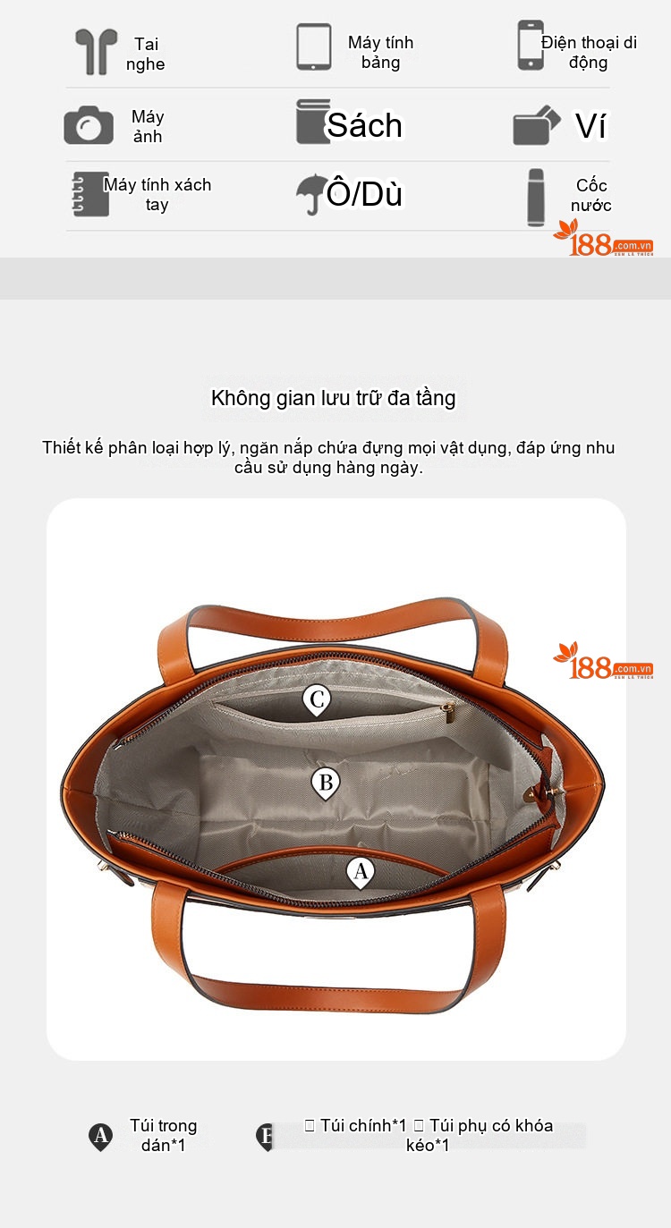 Bộ Túi Tote Nữ Thời Trang Phong Cách Vintage Gồm 3 Món Màu Nâu, Đen, Trắng Kem... chi tiết 4