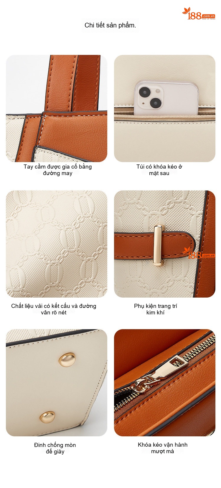 Bộ Túi Tote Nữ Thời Trang Phong Cách Vintage Gồm 3 Món Màu Nâu, Đen, Trắng Kem... chi tiết 17