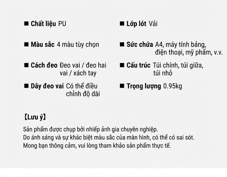 Bộ Túi Xách Ba Món Thời Trang Nữ Da Bóng: Túi Đeo Vai, Túi Tote, Ví Cầm Tay Màu Đen, Nâu, Kem, Xanh Navy chi tiết 4