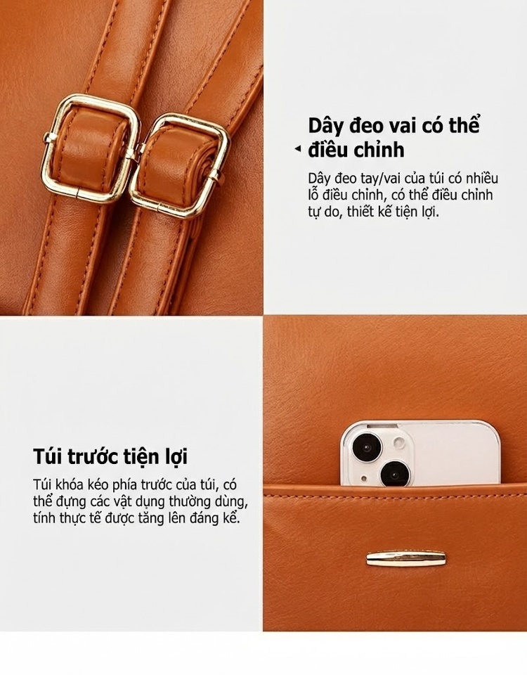 Bộ Túi Xách Ba Món Thời Trang Nữ Da Bóng: Túi Đeo Vai, Túi Tote, Ví Cầm Tay Màu Đen, Nâu, Kem, Xanh Navy chi tiết 16