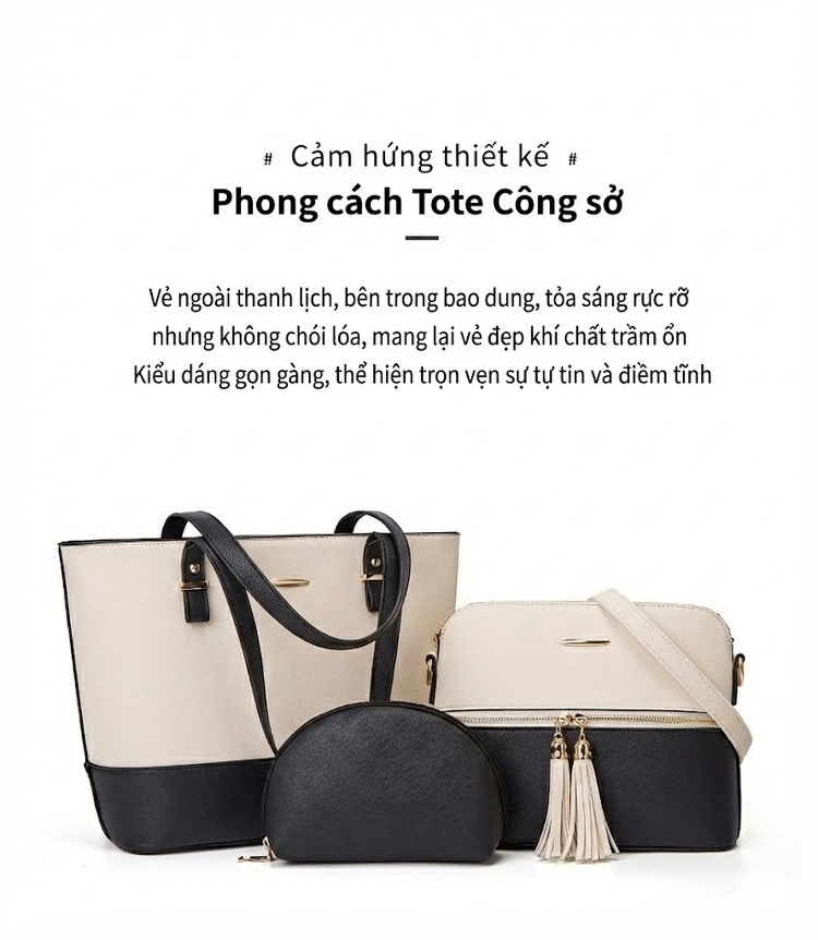 Bộ Túi Xách Nữ 3 Món Da Bóng Đeo Vai, Đeo Chéo, Xách Tay Màu Đen, Đỏ Rượu Vang, Trắng Kem, Nâu chi tiết 2