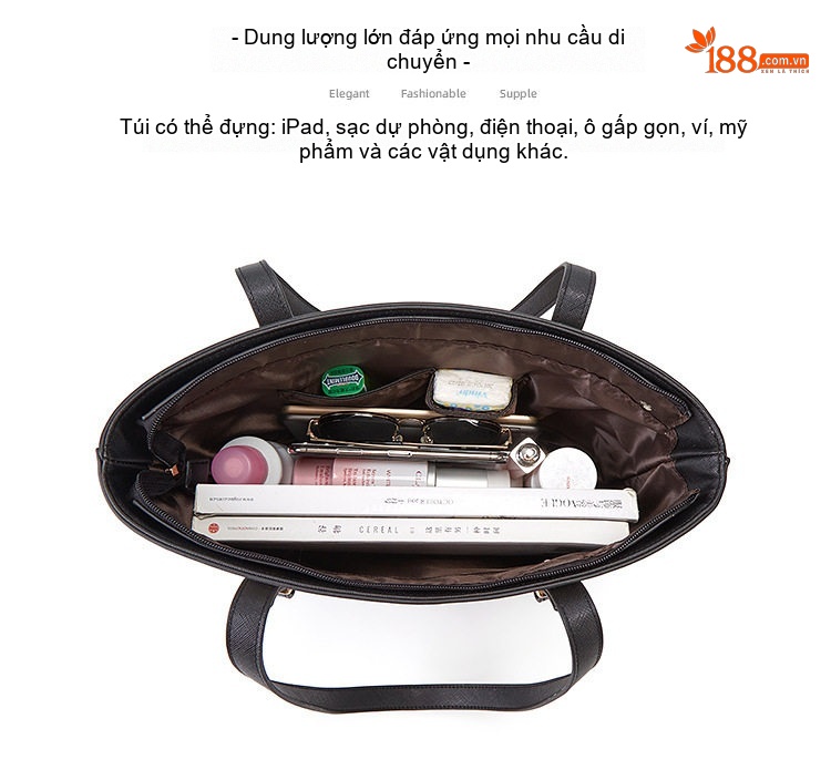 Bộ Túi Xách Nữ 3 Món Da Bóng Đeo Vai, Đeo Chéo, Xách Tay Màu Đen, Đỏ Rượu Vang, Trắng Kem, Nâu chi tiết 11