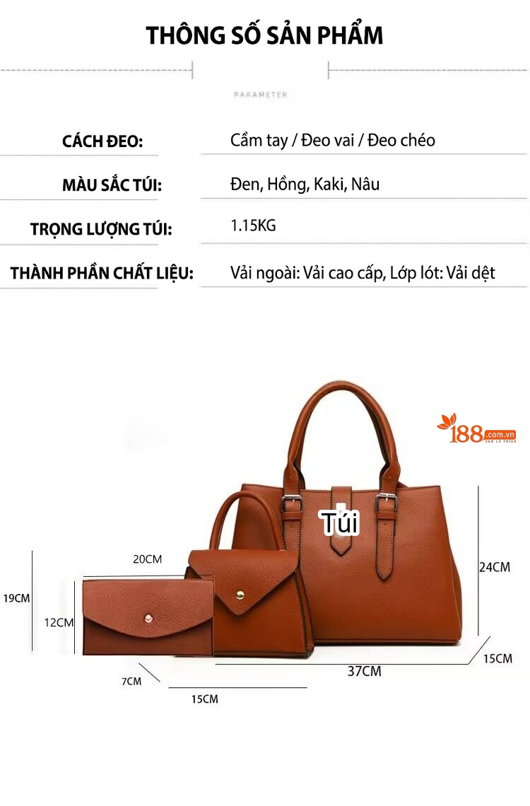 Bộ Túi Xách Nữ 3 Món Da Bóng Phong Cách Thời Trang Màu Đen, Nâu, Be, Hồng chi tiết 1