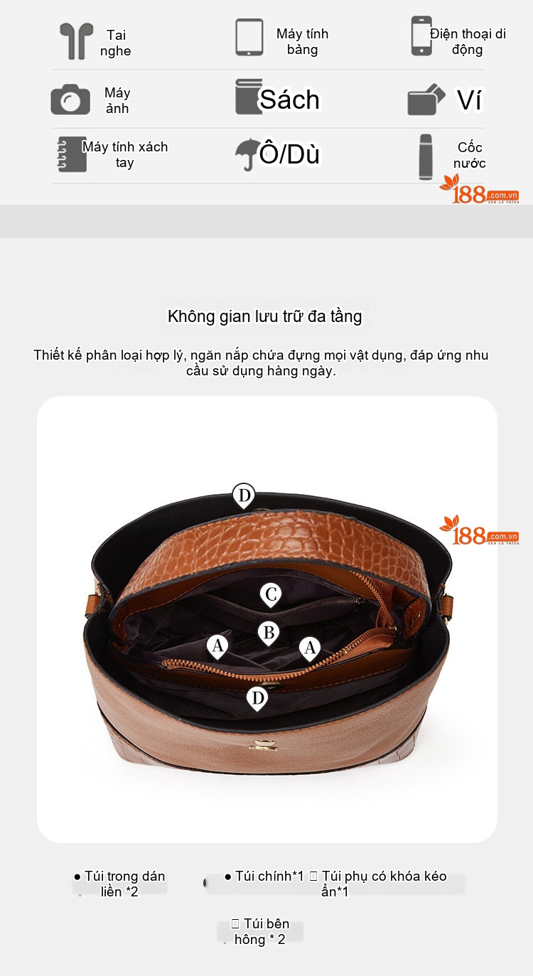 Bộ Túi Xách Nữ 3 Món Da Bóng Thời Trang Hàn Quốc Đựng Vừa A4 Màu Đen, Đỏ, Xanh, Nâu... chi tiết 4