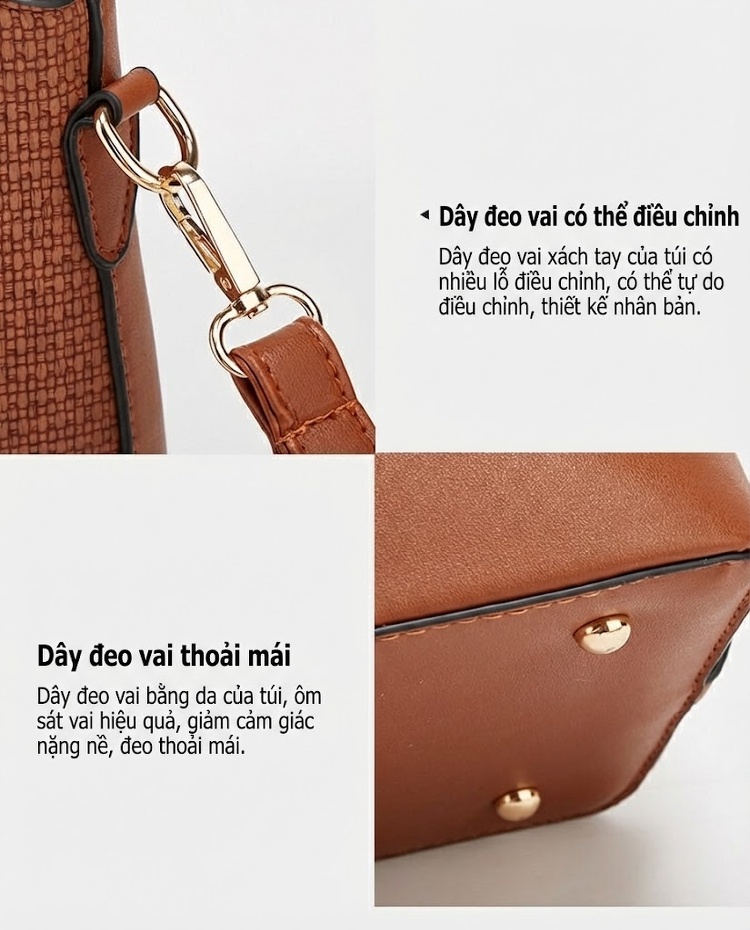 Bộ Túi Xách Nữ 3 Món Lớn Nhỏ Phong Cách Thời Trang Màu Nâu, Đen, Kem, Đỏ chi tiết 20