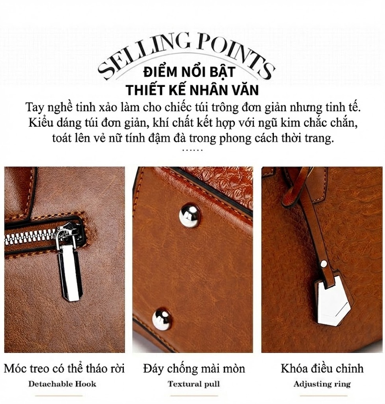 Bộ Túi Xách Nữ 3 Món Vân Cá Sấu Đeo Vai, Xách Tay Màu Đen, Nâu, Cam, Đỏ chi tiết 6