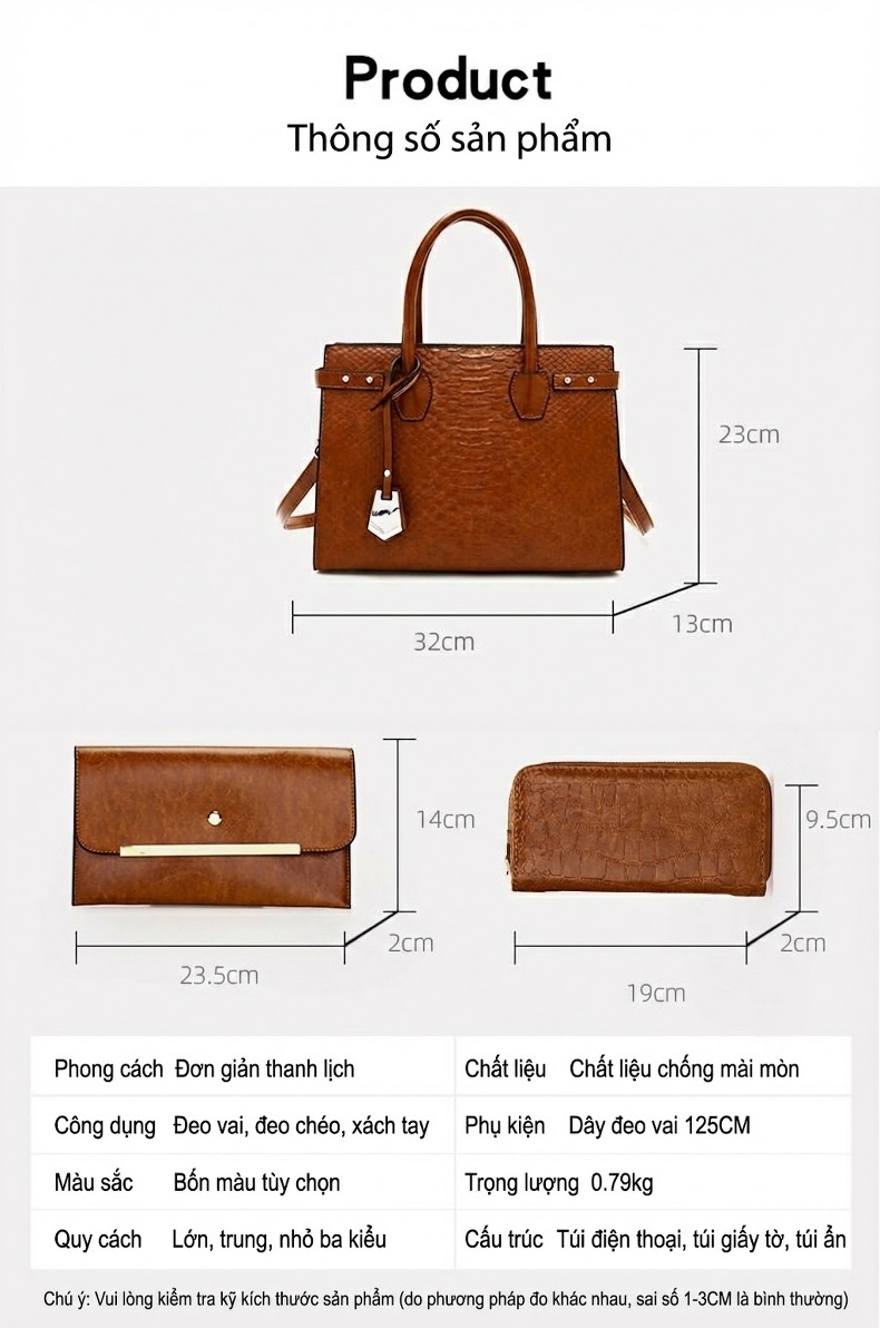 Bộ Túi Xách Nữ 3 Món Vân Cá Sấu Đeo Vai, Xách Tay Màu Đen, Nâu, Cam, Đỏ chi tiết 11