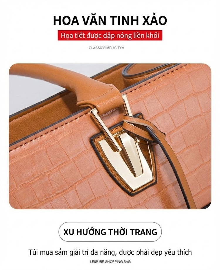 Bộ Túi Xách Nữ 4 Món Da Vân Cá Sấu Đeo Vai, Xách Tay Thời Trang Màu Nâu, Be chi tiết 8