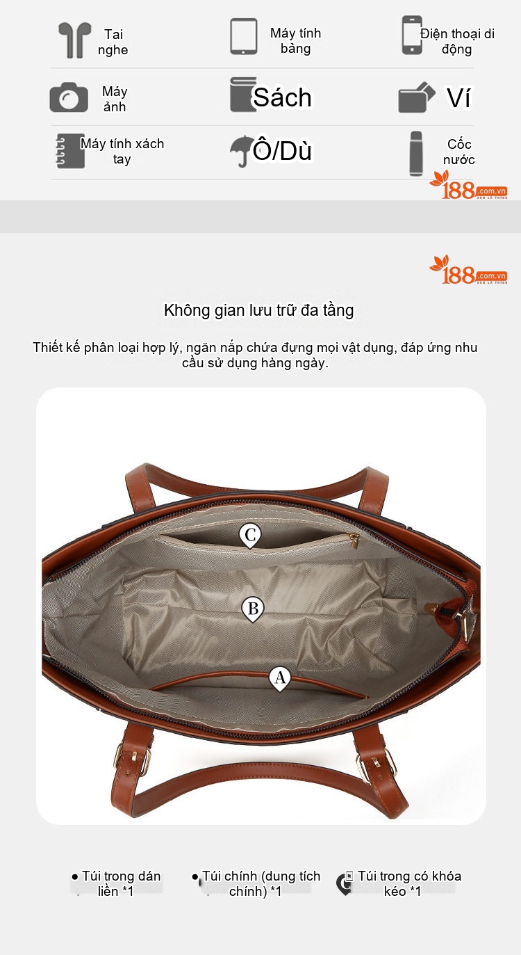 Bộ Túi Xách Nữ 4 Món Thời Trang, Túi Đeo Vai, Túi Tote Lớn Màu Kem, Nâu, Đen chi tiết 4