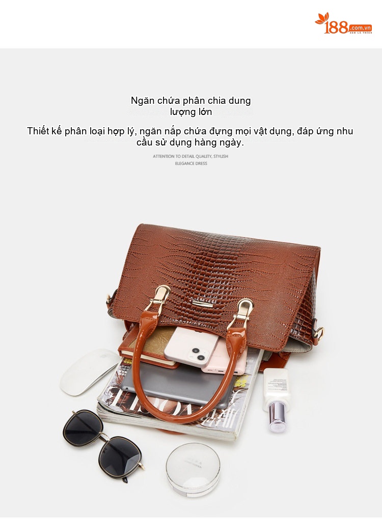 Bộ Túi Xách Nữ Da Bóng 3 Món Thời Trang Công Sở Màu Đen, Nâu, Xám chi tiết 2