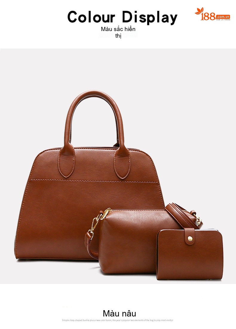 Bộ Túi Xách Nữ Da Bóng Cỡ Lớn Vintage Đeo Vai Màu Nâu, Đỏ Rượu, Đen chi tiết 19