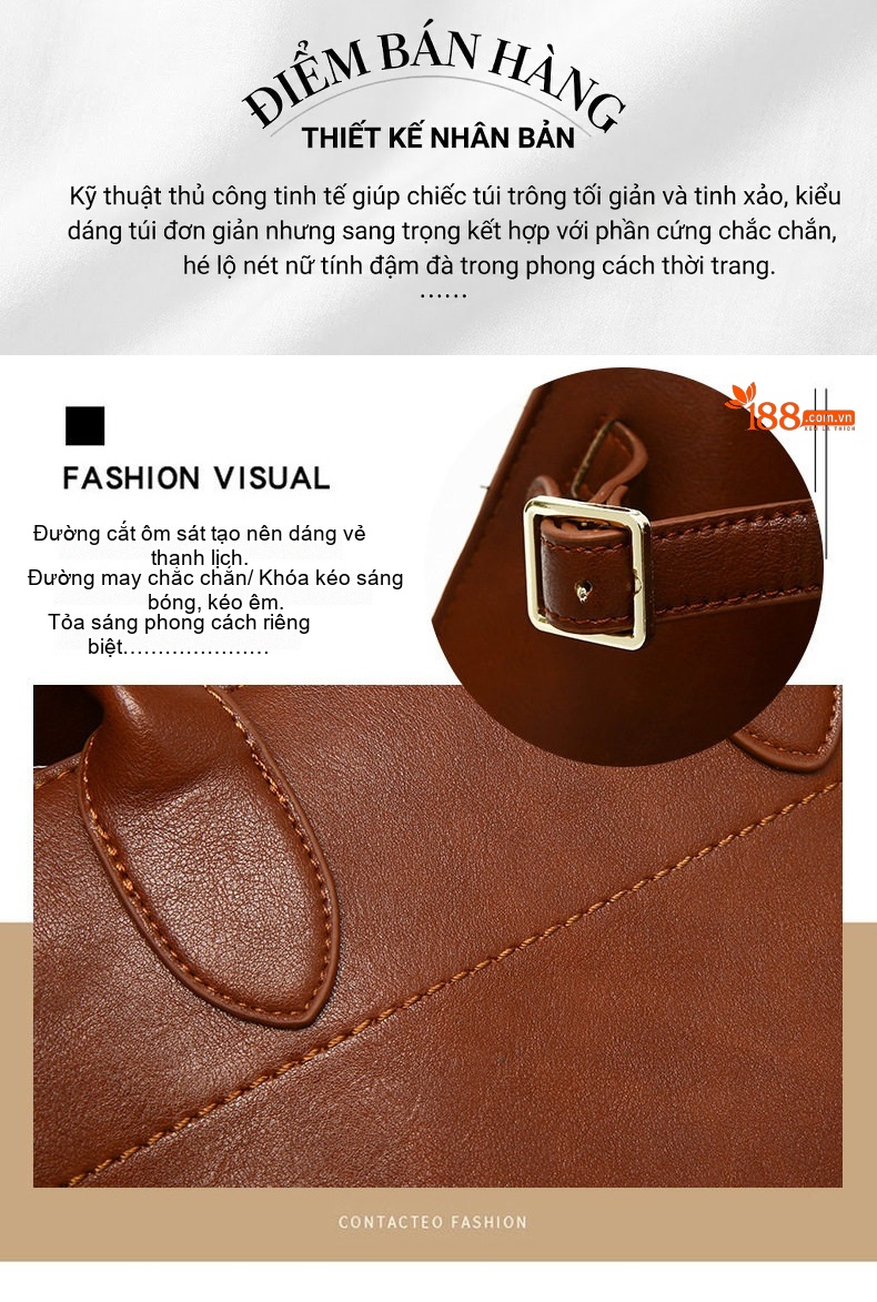 Bộ Túi Xách Nữ Da Bóng Cỡ Lớn Vintage Đeo Vai Màu Nâu, Đỏ Rượu, Đen chi tiết 7