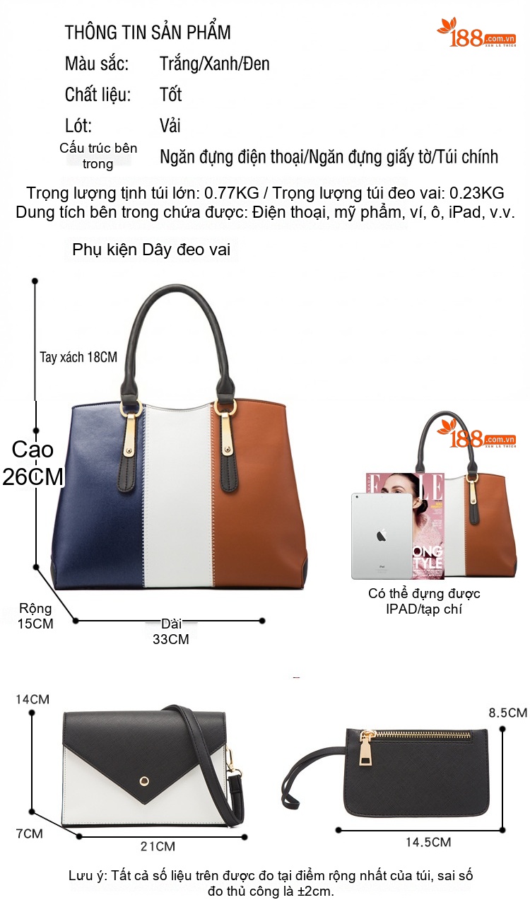 Bộ Túi Xách Nữ Da Bóng Đeo Vai, Túi Tote, Túi Đeo Chéo 4 Món Màu Đen, Trắng, Nâu, Xám... chi tiết 15