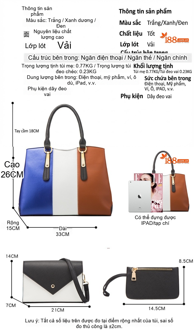 Bộ Túi Xách Nữ Da Bóng Đeo Vai, Túi Tote, Túi Đeo Chéo 4 Món Màu Đen, Trắng, Nâu, Xám... chi tiết 30