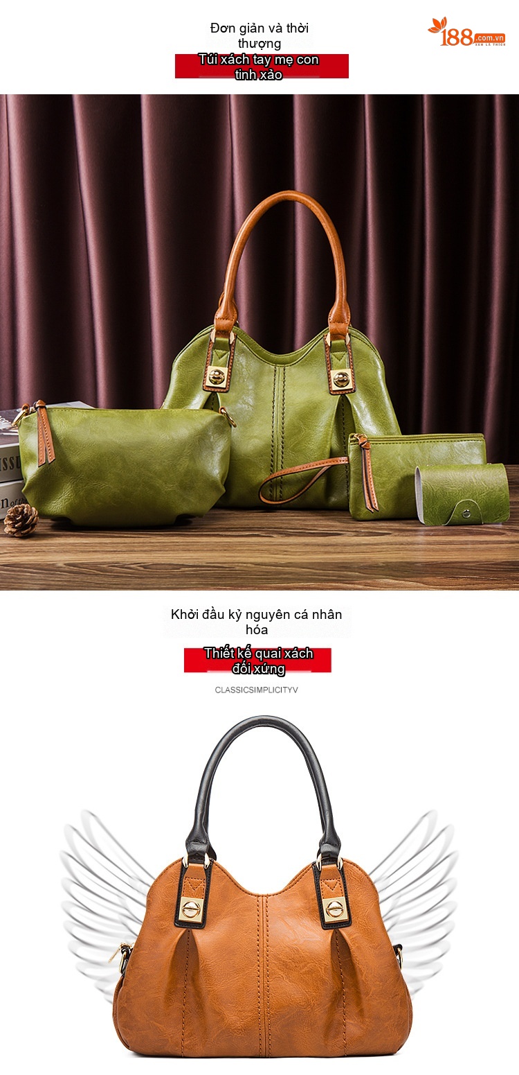 Bộ Túi Xách Nữ Da Bóng Vintage 3 Món Phong Cách Âu Mỹ Màu Đen, Nâu, Xanh Rêu chi tiết 6