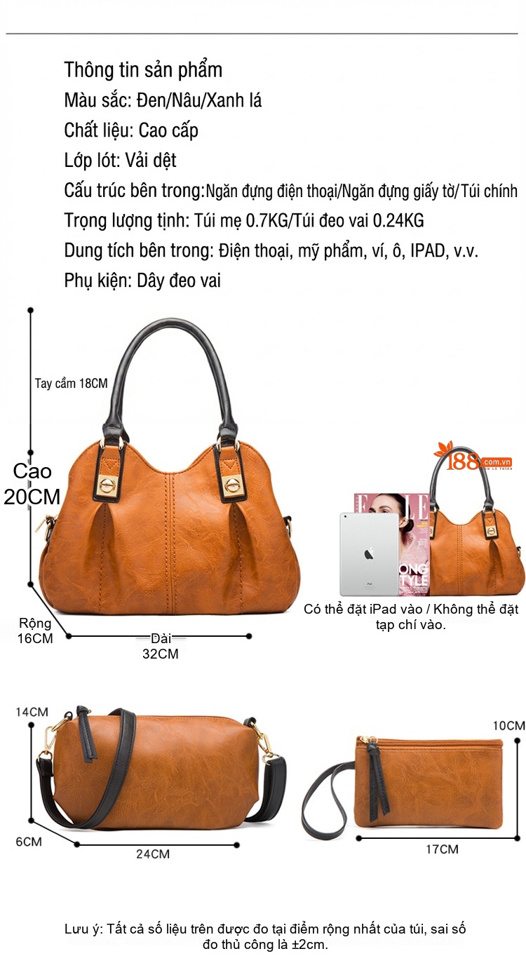 Bộ Túi Xách Nữ Da Bóng Vintage 3 Món Phong Cách Âu Mỹ Màu Đen, Nâu, Xanh Rêu chi tiết 9